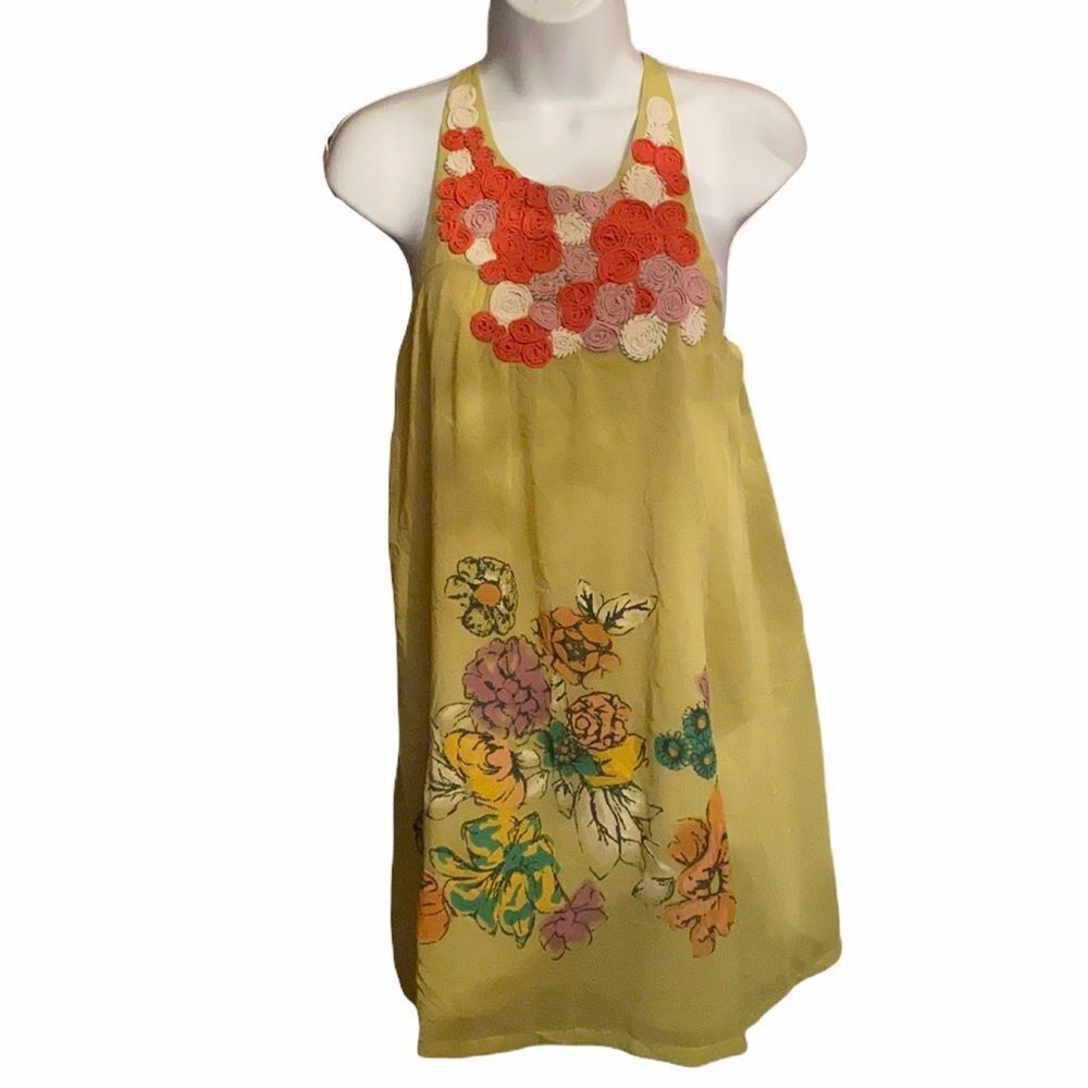 Lulumari Floral Appliqué Halter Dress | Size Small | Mustard Yellow